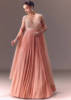 Blush Pink Ruched Anarkali Gown With Dupatta