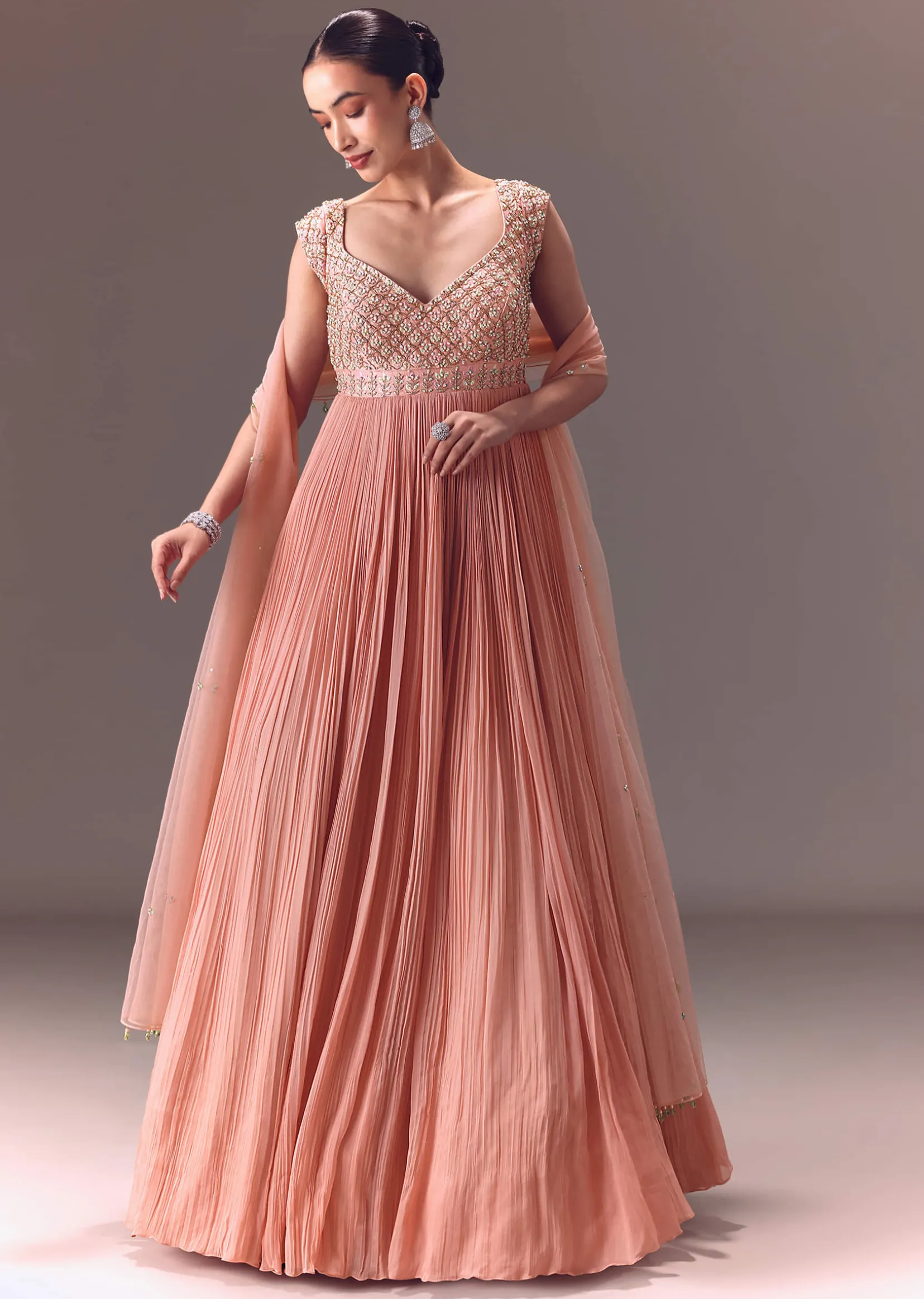 Blush Pink Ruched Anarkali Gown With Dupatta
