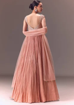 Blush Pink Ruched Anarkali Gown With Dupatta
