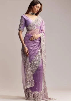 Blush Purple Tissue Saree With Floral Embroidery