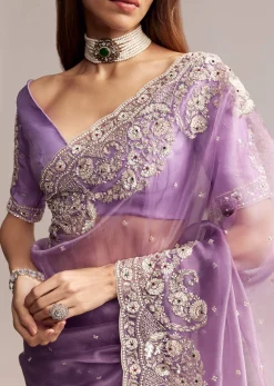 Blush Purple Tissue Saree With Floral Embroidery