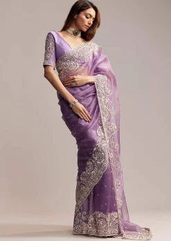 Blush Purple Tissue Saree With Floral Embroidery