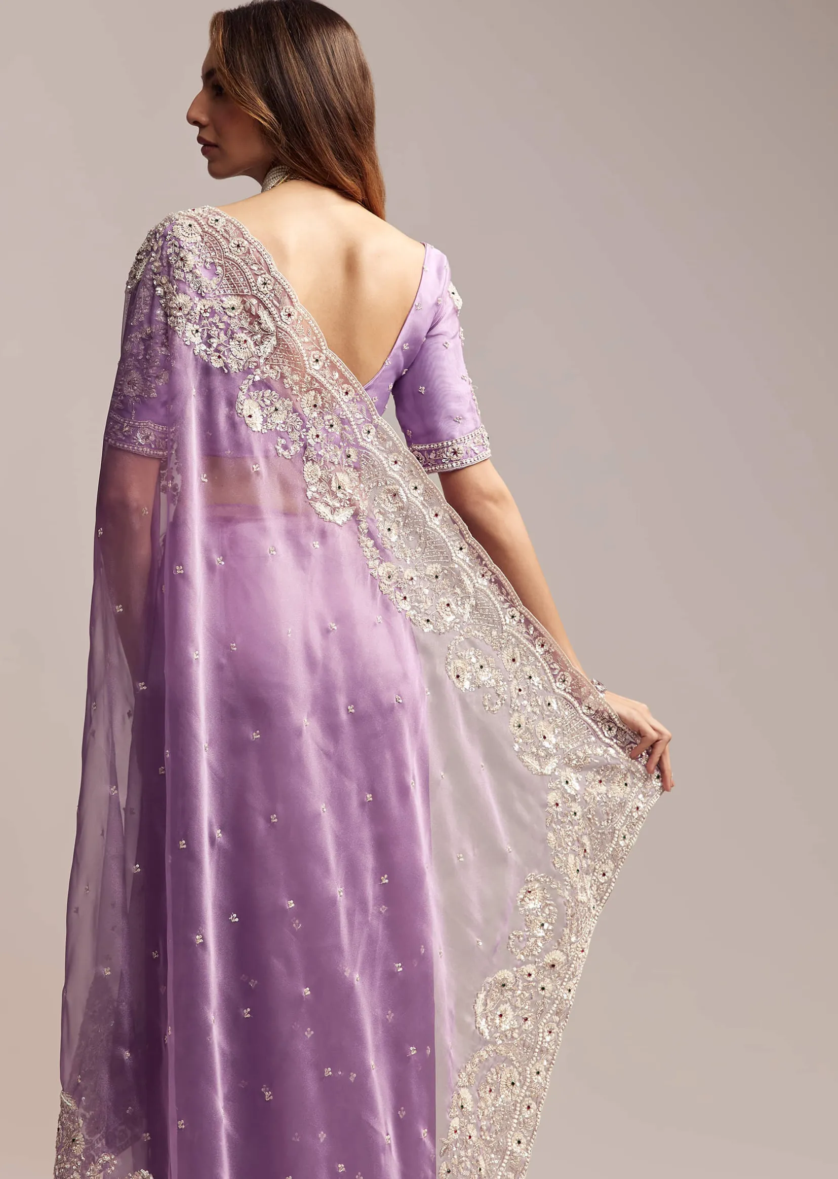 Blush Purple Tissue Saree With Floral Embroidery