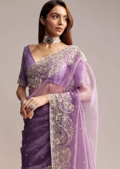 Blush Purple Tissue Saree With Floral Embroidery