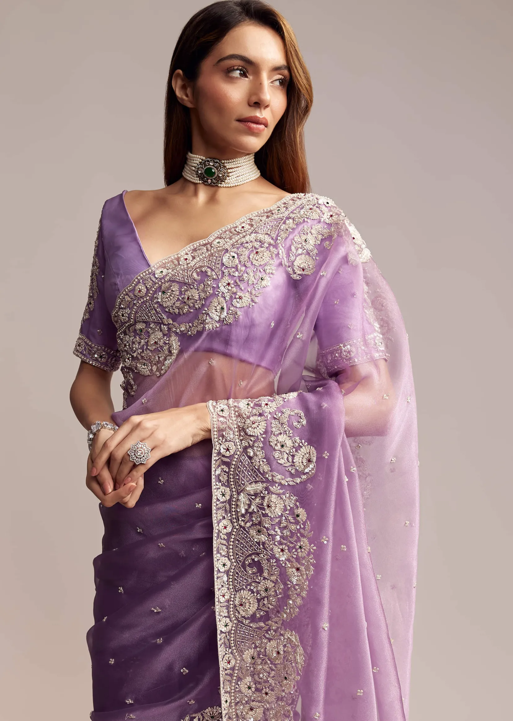 Blush Purple Tissue Saree With Floral Embroidery