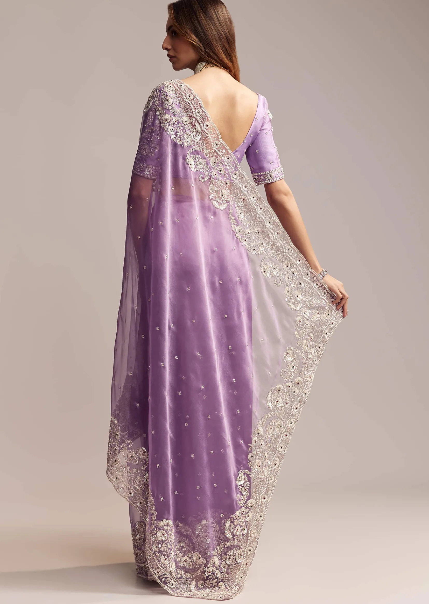 Blush Purple Tissue Saree With Floral Embroidery
