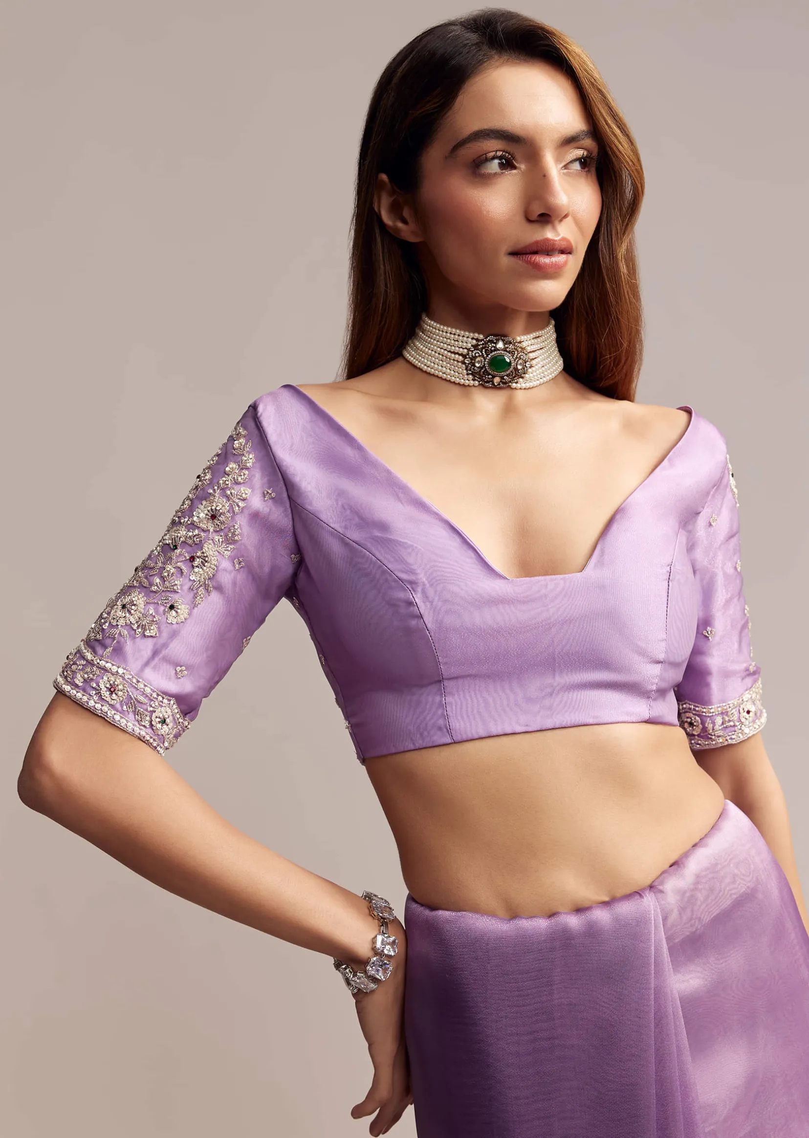 Blush Purple Tissue Saree With Floral Embroidery