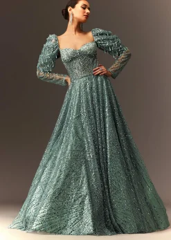 Blusih Grey Sequins Gown With Corset Blouse And Symmetrical Sleeves