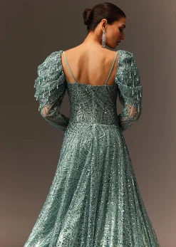 Blusih Grey Sequins Gown With Corset Blouse And Symmetrical Sleeves