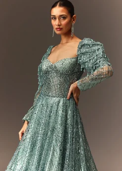 Blusih Grey Sequins Gown With Corset Blouse And Symmetrical Sleeves