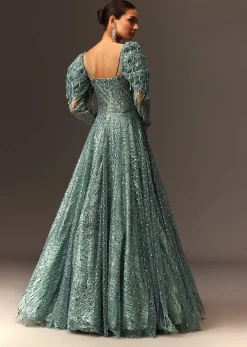 Blusih Grey Sequins Gown With Corset Blouse And Symmetrical Sleeves