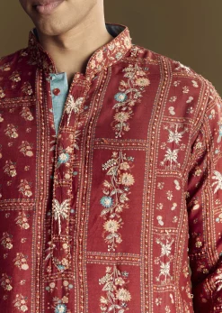 Bold Red Silk Kurta Set With Handcrafted Thread And Sequin Embellishments