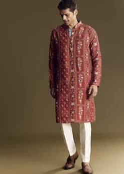 Bold Red Silk Kurta Set With Handcrafted Thread And Sequin Embellishments