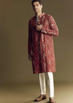 Bold Red Silk Kurta Set With Handcrafted Thread And Sequin Embellishments