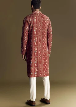 Bold Red Silk Kurta Set With Handcrafted Thread And Sequin Embellishments