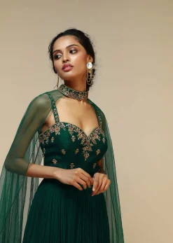 Bottle Green Anarkali Gown With Hand Embroidered Floral Design Using Multi Colored Sequins And Cut Dana Work