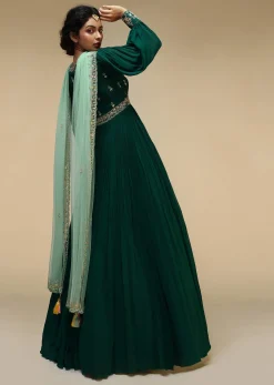 Bottle Green Anarkali Suit With Balloon Sleeves And Hand Embroidered Buttis Using Multi Colored Sequins And Beads