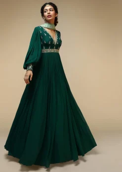 Bottle Green Anarkali Suit With Balloon Sleeves And Hand Embroidered Buttis Using Multi Colored Sequins And Beads