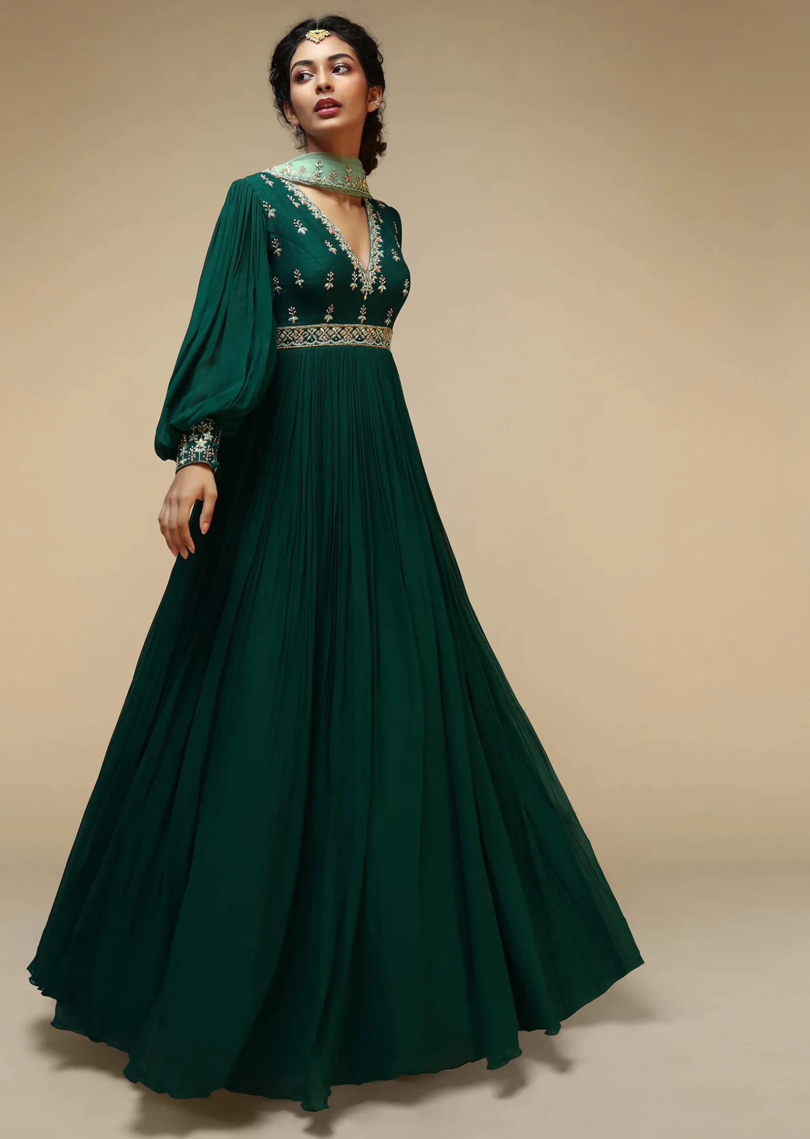 Bottle Green Anarkali Suit With Balloon Sleeves And Hand Embroidered Buttis Using Multi Colored Sequins And Beads
