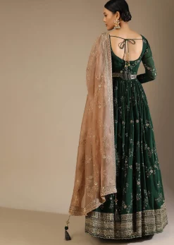 Bottle Green Anarkali Suit In Silk With Zari And Sequins Embroidered Floral Jaal And A Beige Organza Dupatta