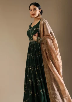 Bottle Green Anarkali Suit In Silk With Zari And Sequins Embroidered Floral Jaal And A Beige Organza Dupatta