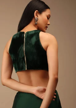Bottle Green Blouse In Velvet With Halter Neckline And Back Zip Detailing