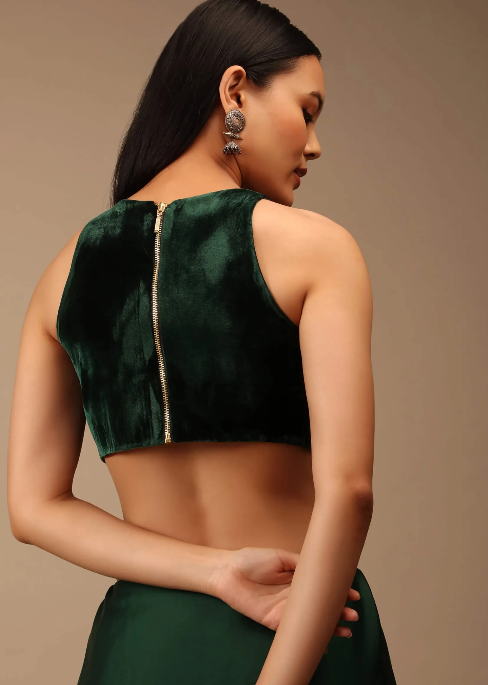 Bottle Green Blouse In Velvet With Halter Neckline And Back Zip Detailing