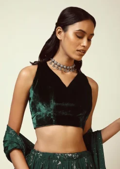 Bottle Green Blouse In Velvet With Halter Straps And Sweetheart Neckline