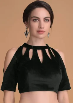Bottle Green Blouse In Velvet With Cut Out On The Neckline