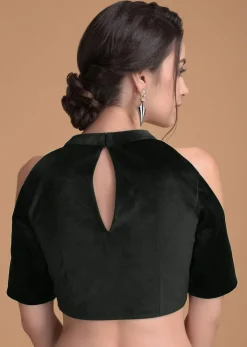 Bottle Green Blouse In Velvet With Cut Out On The Neckline