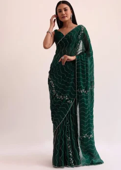 Bottle Green Chinon Saree With Cut Dana Embroidery And Unstitched Blouse