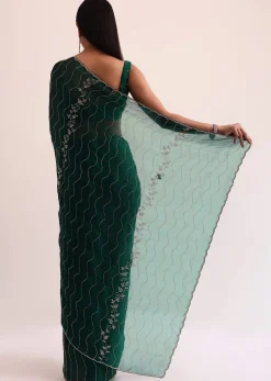 Bottle Green Chinon Saree With Cut Dana Embroidery And Unstitched Blouse