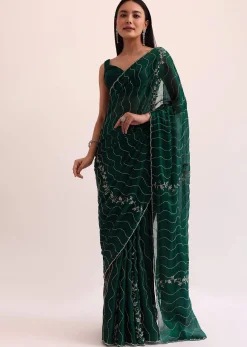 Bottle Green Chinon Saree With Cut Dana Embroidery And Unstitched Blouse