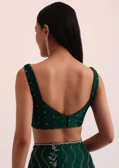Bottle Green Chinon Saree With Cut Dana Embroidery And Unstitched Blouse