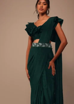 Bottle Green Crepe Pre Drape Saree With Fancy Blouse And Embroidered Belt