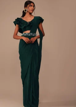 Bottle Green Crepe Pre Drape Saree With Fancy Blouse And Embroidered Belt