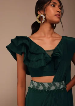 Bottle Green Crepe Pre Drape Saree With Fancy Blouse And Embroidered Belt