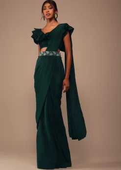 Bottle Green Crepe Pre Drape Saree With Fancy Blouse And Embroidered Belt
