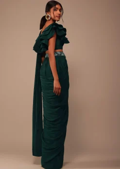Bottle Green Crepe Pre Drape Saree With Fancy Blouse And Embroidered Belt