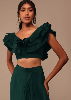 Bottle Green Crepe Pre Drape Saree With Fancy Blouse And Embroidered Belt