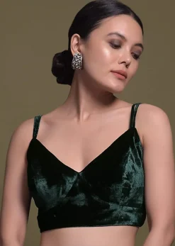Bottle Green Crop Top In Velvet With Double Straps And V Neckline