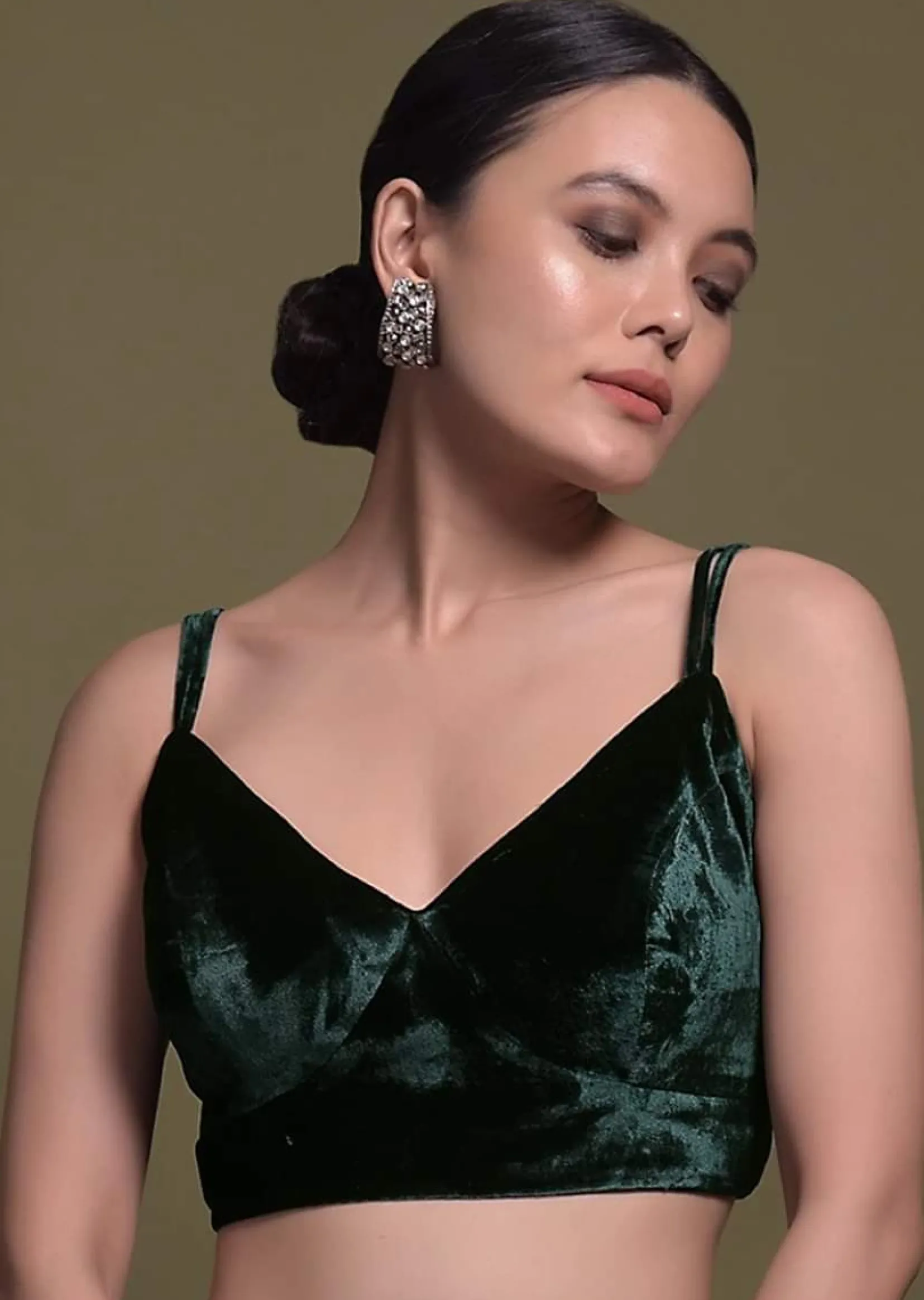 Bottle Green Crop Top In Velvet With Double Straps And V Neckline