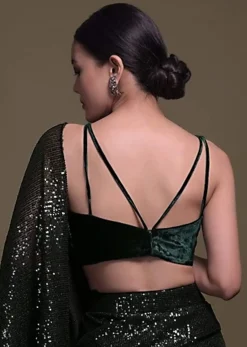 Bottle Green Crop Top In Velvet With Double Straps And V Neckline