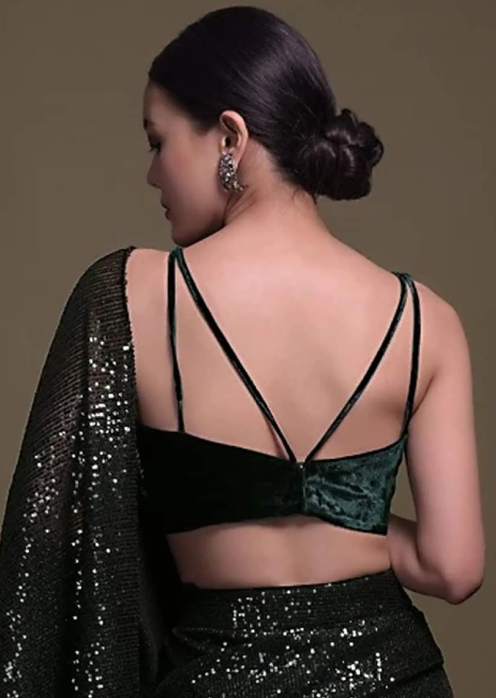 Bottle Green Crop Top In Velvet With Double Straps And V Neckline