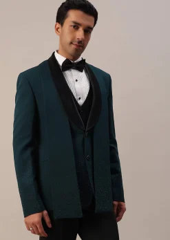 Bottle Green Crystal Studded Tuxedo Set In Polyester