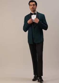 Bottle Green Crystal Studded Tuxedo Set In Polyester