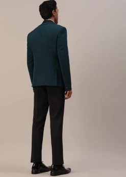 Bottle Green Crystal Studded Tuxedo Set In Polyester