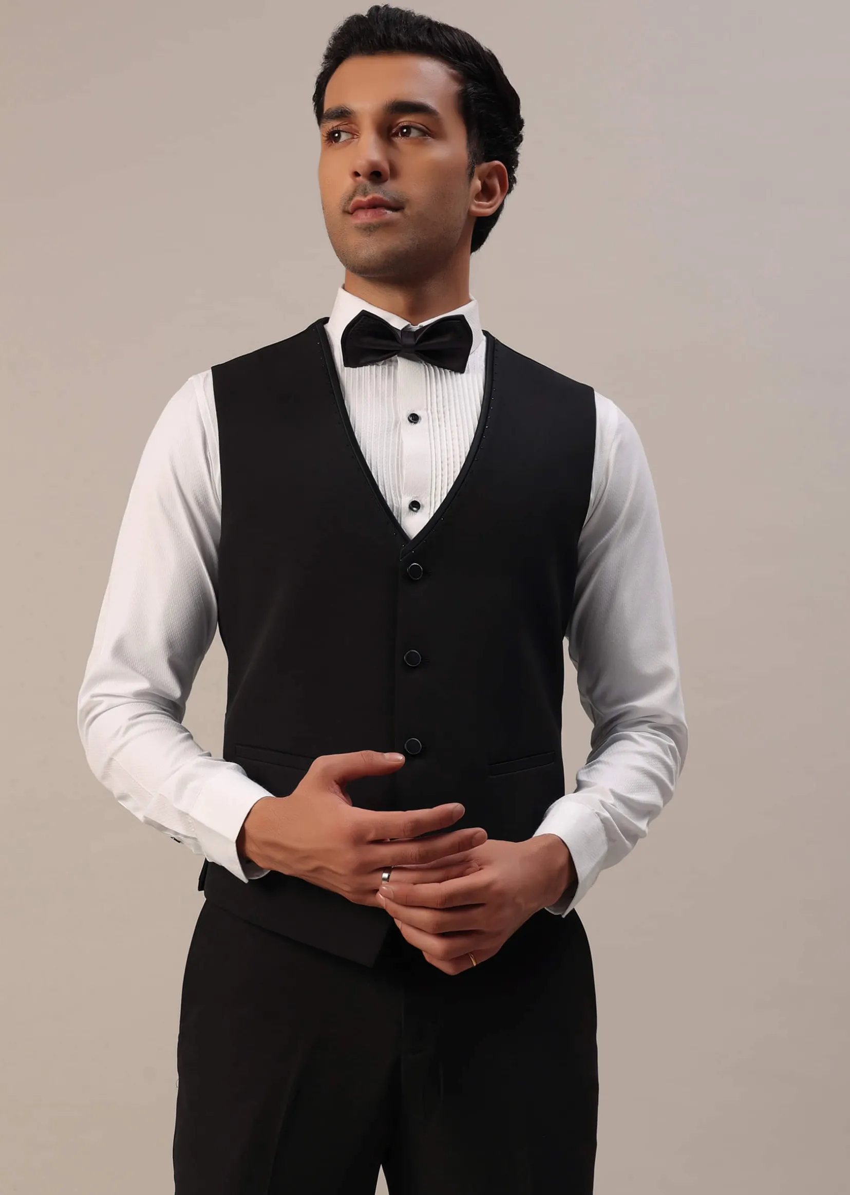 Bottle Green Crystal Studded Tuxedo Set In Polyester