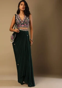 Bottle Green Dhoti Skirt And Choli With Multi Colored Hand Embroidery In Floral Motifs
