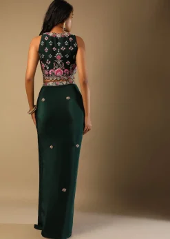 Bottle Green Dhoti Skirt And Choli With Multi Colored Hand Embroidery In Floral Motifs